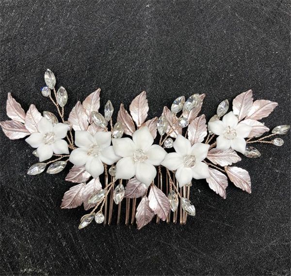 Pettine per capelli foglia da sposa vintage da sposa Copricapo di fiori in ceramica Corona di strass di cristallo Tiara Accessori per la testa in argento dorato Accessori per ornamenti di gioielli Copricapo all'ingrosso