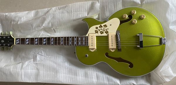 295 Memphis Scotty Moore Metallic Green Gold Hohlkörper-E-Gitarre, historisches Blumen-Schlagbrett, weiße P90-Tonabnehmer, Trapez-Saitenhalter, geteiltes Parallelogramm-Inlay