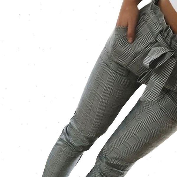 

retro scottish check fashion women pants plaid pleated high waist skinny pencil trousers with sash casual womens, Black;white