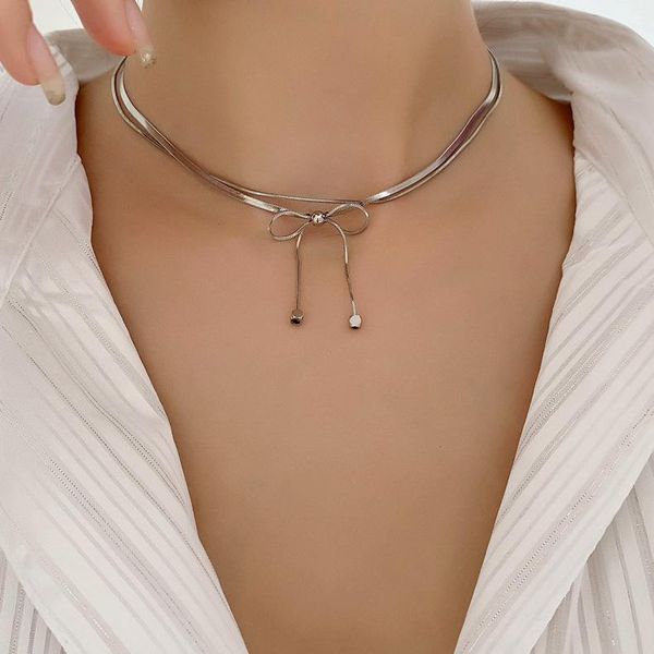 

chokers 2021 korean bowknot metal double trendy titanium stainless stell necklaces for women fashion jewelry collares, Golden;silver