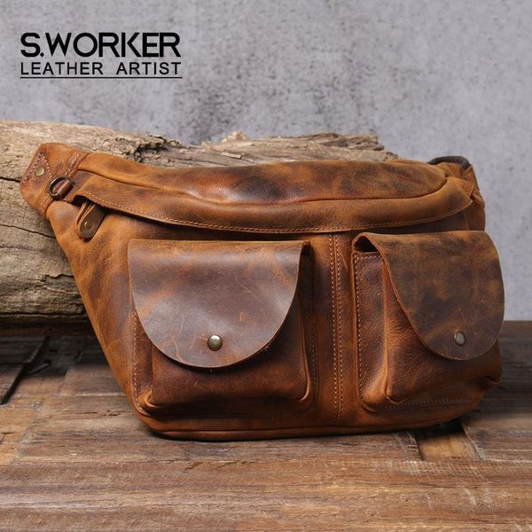 

s.worke vintage genuine leather men's chest bag cross body crazy horse waist handmade cowhide women fashion casual bags