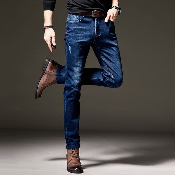 

jeans men's casual dark blue pants waist business summer korean
