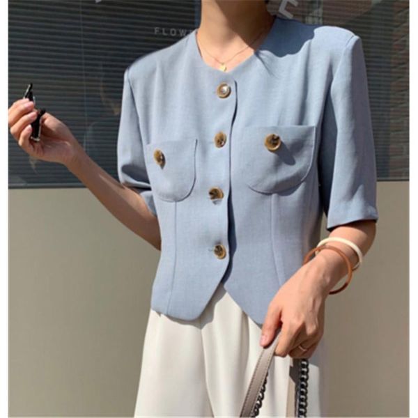 

women's blouses & shirts 2021 arrivals summer temperament stylish blouse shirt korean chic o-neck single breasted short sleeved blusas, White