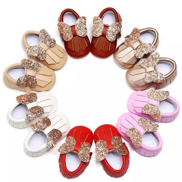 

first walkers hand-made big bow baby girls shoes tassel sequins moccasins pu leather gold glitter firstwalkers born crib