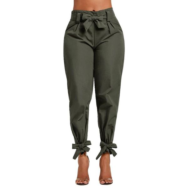 

loose bow tie ruffles women pants casual solid high waist belt pocket spring women's trousers female sashes & capris, Black;white