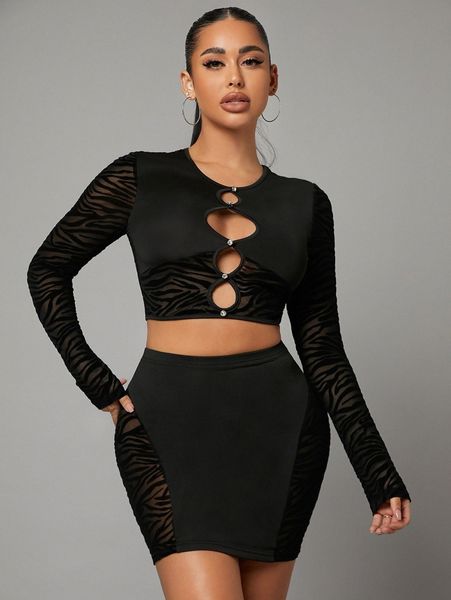 

sxy contrast mesh crop tee & bodycon skirt h74m#, White