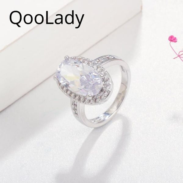 

qoolady brilliant big white oval cz stone silver color bridal engagement finger rings for ladies anniversary jewelry gift f074 wedding, Slivery;golden