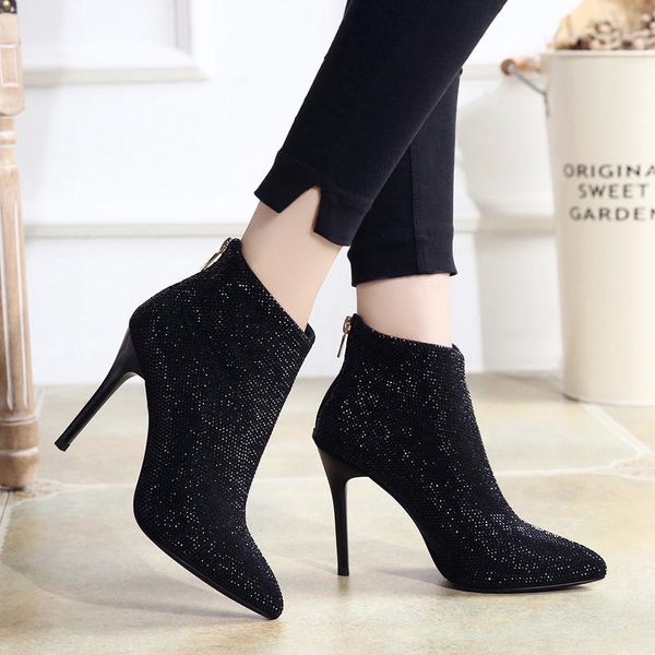 

boots women fashion party nightclub dress high heels shoes rhinestone ankle zapatos de mujer short botas autumn winter boot, Black