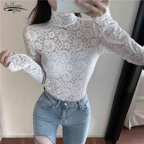 

spring arrival lace white blouse shirts women long sleeve casual solid shirt half turtleneck slim 12709 210521