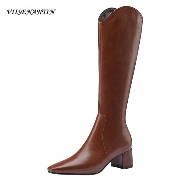 

boots women winter autumn leather knight mid-heel knee-lengththick heel riding thin small tall botas mujer 2021, Black