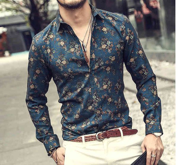 

men's casual shirts mode men long shirt europe style slim fit cotton clothes floral, White;black