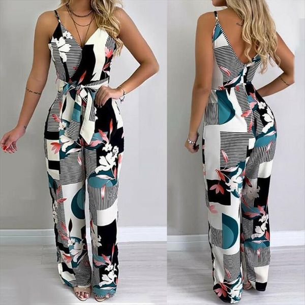 

print floral summer women jumpsuits v neck strappy beach wide leg holiday playsuit, Black;white