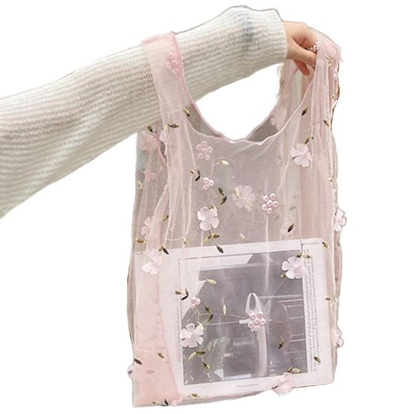 

female flower embroidery hand bag organza casual tote mesh shopping bags women handbags