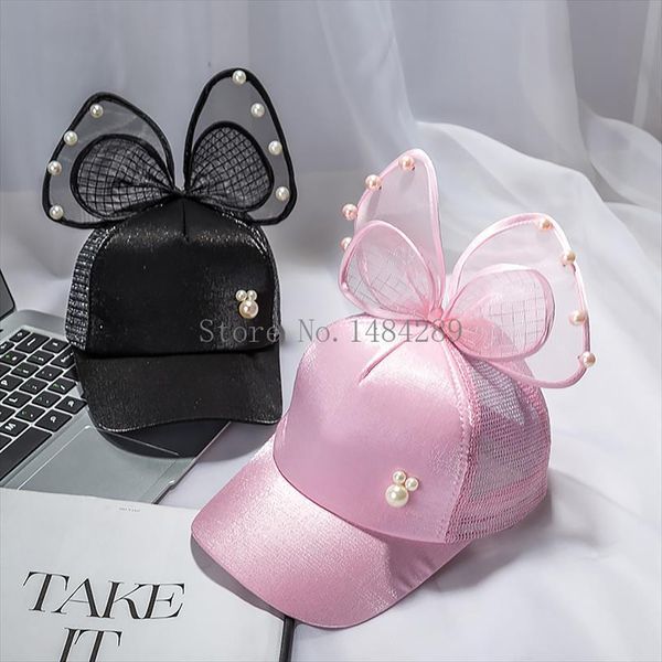 

bowknot childrens baseball cap for girls baby summer hat visor caps lace bow with pearls beanie kids sun hats, Blue;gray