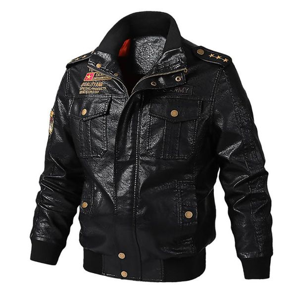 

men brand winter pu faux leather jacket male fashion army motorcycle coat multi pockets casual biker outdoor outwear men's fur, Black