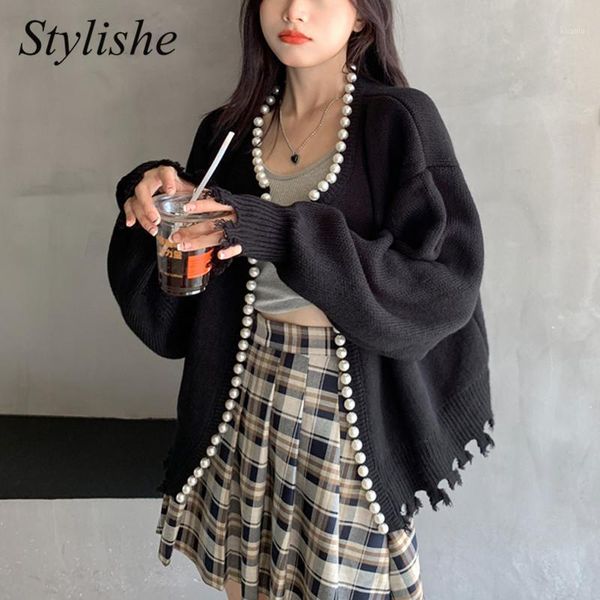 

women's knits & tees black beaded knitted jacket women 2021 vintage white tasseled crop cardigan female long sleeve outerwear autumn wi