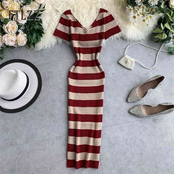 

summer patchwork stripe dress vestidos mujer fashion women slim short sleeve bodycon dresses ladies knit v-neck long robe 210602, Black;gray