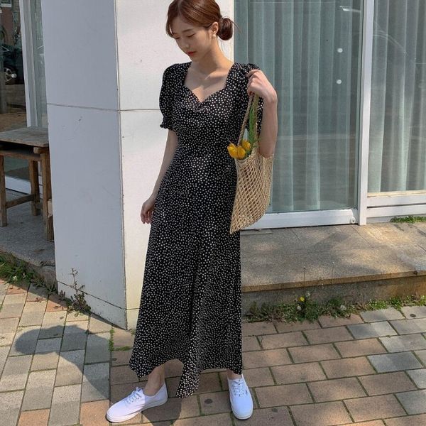 

floral 2021 south sky korea new star bubble sleeve waist skirt slim chiffon dress summer, White;black