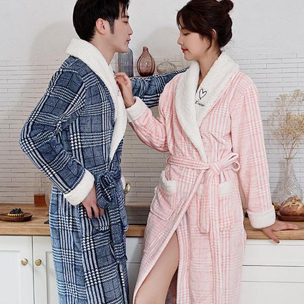

women's sleepwear lovers flannel winter warm 2pcs kimono robe gown casual nightwear bathrobe thicken couple negligee plus size 3xl, Black;red
