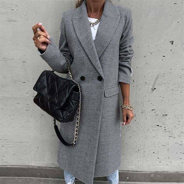 

office lady elegant turn-down collar woolen coat autumn winter fashion long overcoat women casual loose outwears 211019, Black