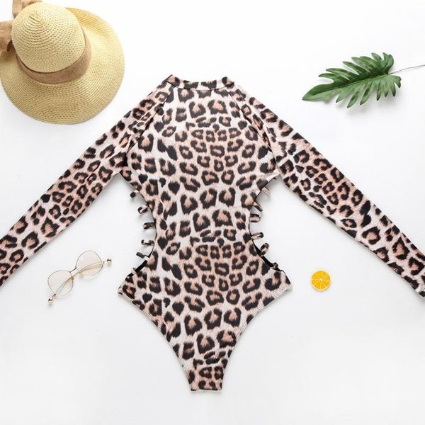 

one-piece suits leopard long sleeve swimsuit women zipper hollow out monokini