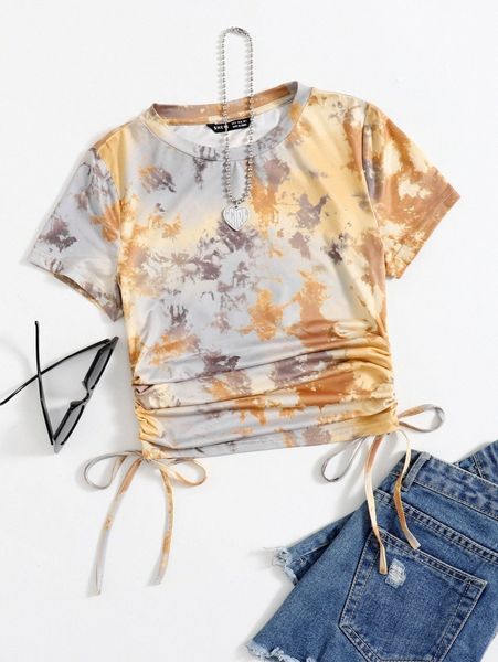 

tie dye drawstring ruched side tee o7po#, White