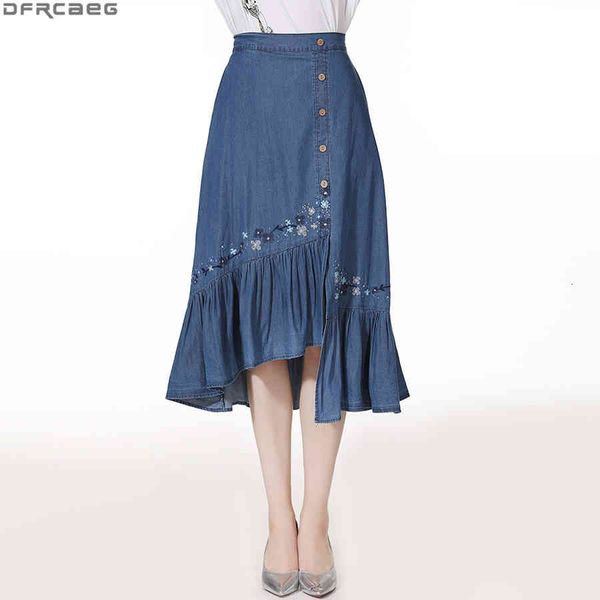 

casual dresses high waist boho denim skirt women embroidery floral saia midi button ruffles jupe jean femme vintage pleated ladies, Black;gray