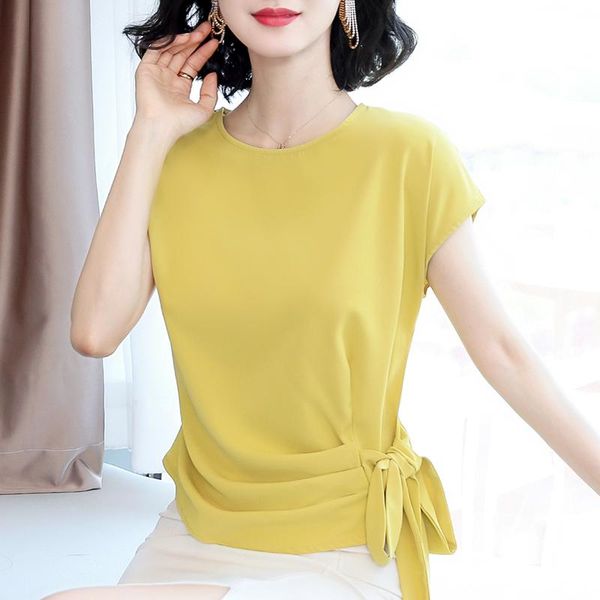 

women's t-shirt 2021 summer temperament short-sleeved chiffon shirt noble fashion stitching solid color top, White