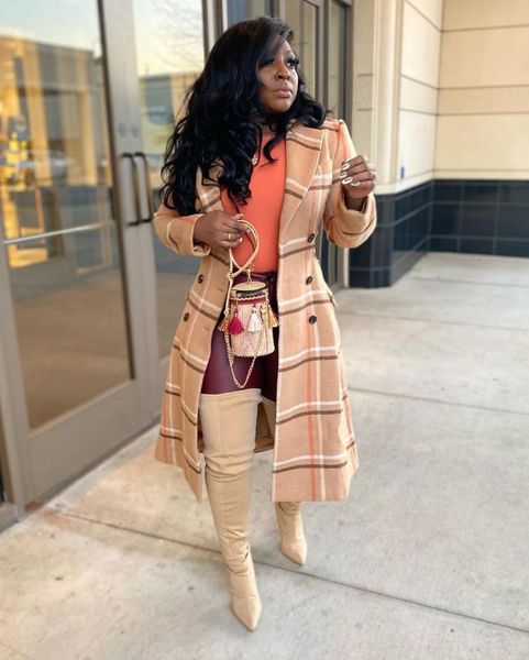 

women's wool & blends jackets for women plaid print warm long coat autumn winter plus size female slim fit lapel overcoat outerwear, Black