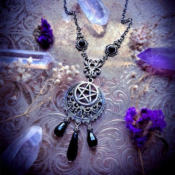 

pendant necklaces black onyx pentagram necklace, pentacle wiccan jewelry, gothic necklace, Silver