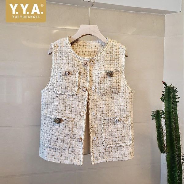 

sleeveless tweed jackets office lady round neck single-breasted multi-pockets women vests spring autumn slim fit plaid waistcoat women', Black;white