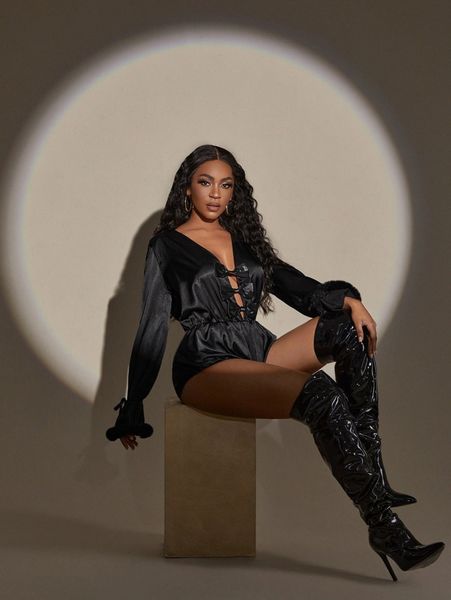 

bow front fuzzy cuff flounce sleeve satin romper m5ea#, White