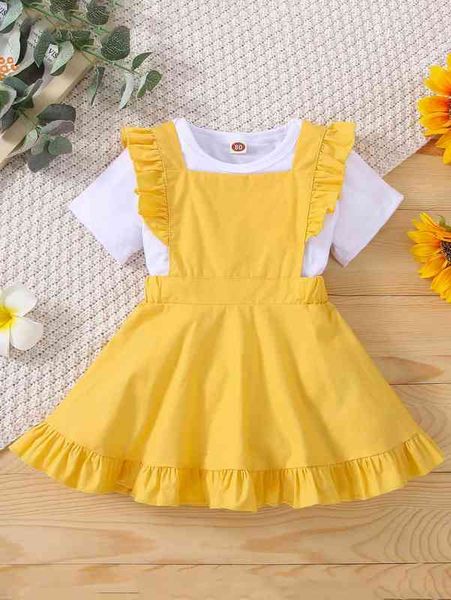 

baby solid bodysuit & ruffle hem overall dress she, White