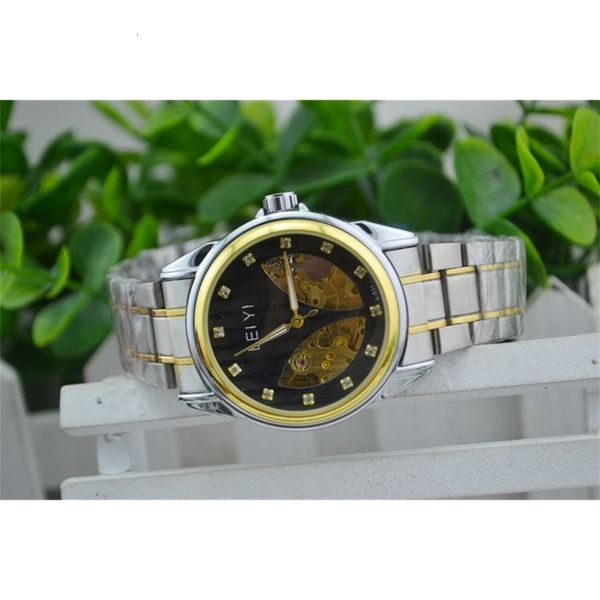 

hollow out automatic men's mechanical watch water drill pointer type steel belt gold, Slivery;brown