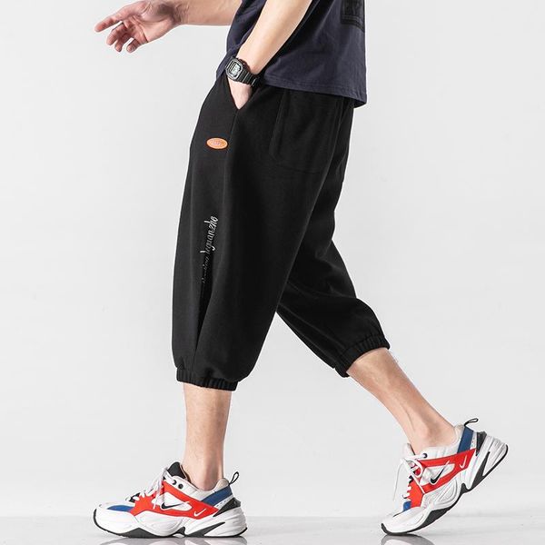 

summer men casual calf length pants m-5xl size cropped trousers men's, Black