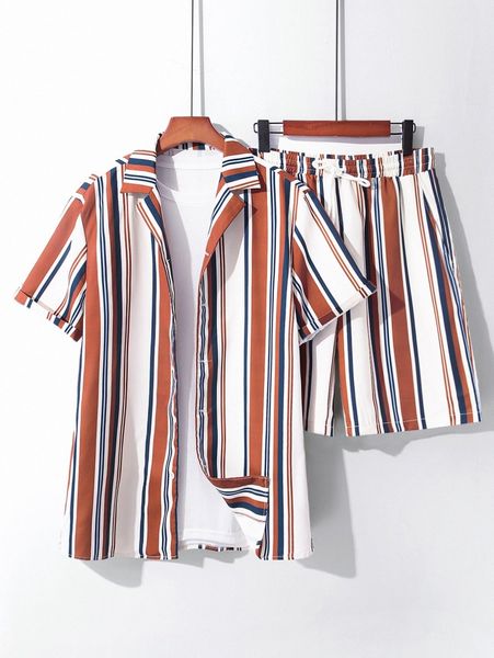 

men random block striped shirt & shorts w8vc#, Gray