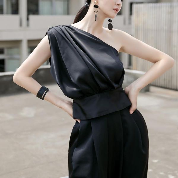 

women's two piece pants superaen summer satin pleated stiletto back sleeveless short loose black solid small-footed harem, White