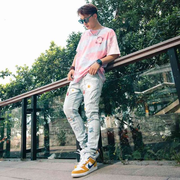 

jeans 20ss high street hole daisy print washed blue casual slim fit pants men