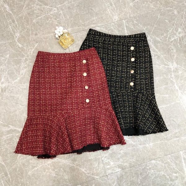 

skirts ladies 2021 fashion plaid breasted fishtail skirt 0919, Black
