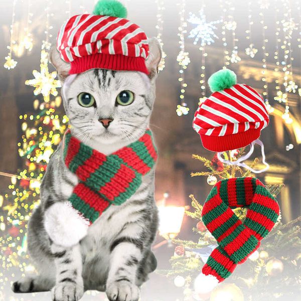 

christmas dog cat costum knitted scarf with white pompom warm bandana winter holiday pet accsori hat scarv for small medium cats, Blue;gray
