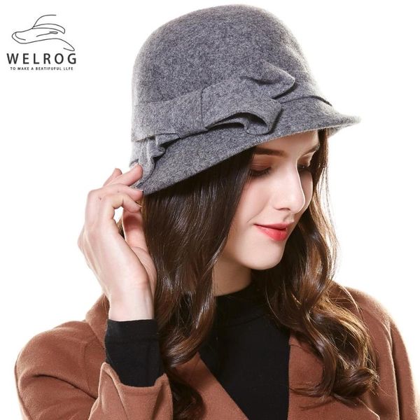 

stingy brim hats welrog women winter big bow wool felt lady party formal up-turn bowknot woolen fedora hat british outdoor casual, Blue;gray