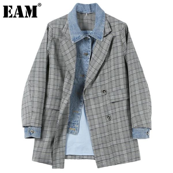 

women's suits & blazers [eam] women denim plaid casual oversized blazer lapel long sleeve loose fit jacket fashion tide spring autumn 2, White;black
