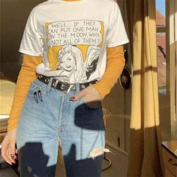 

80s vintage style put man on the moon quotes feminism funny t-shirt summer cool graphic tee cute 210512, White