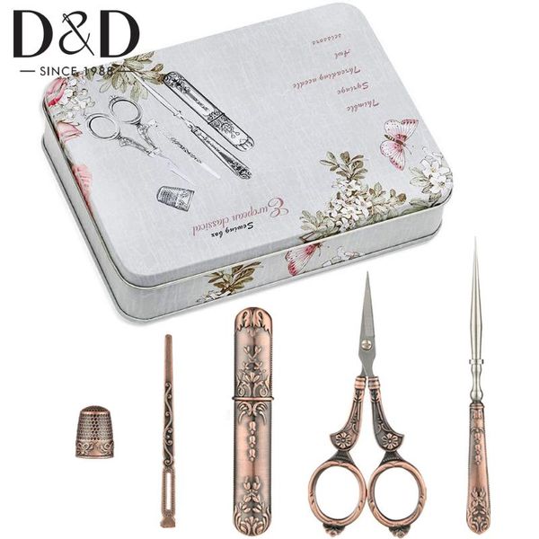 

sewing notions & tools 5pcs/set exquisite vintage scissors set scissor awl threader thimble needle storage case kit diy embroidery tool, Black