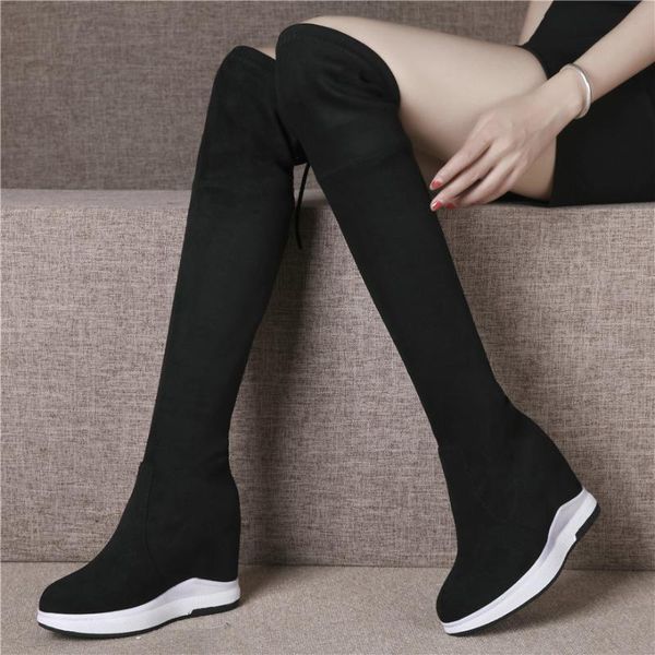 

boots fashion sneakers women stretchy genuine leather high heel knee female lace up wedges platform thigh pumps shoes, Black