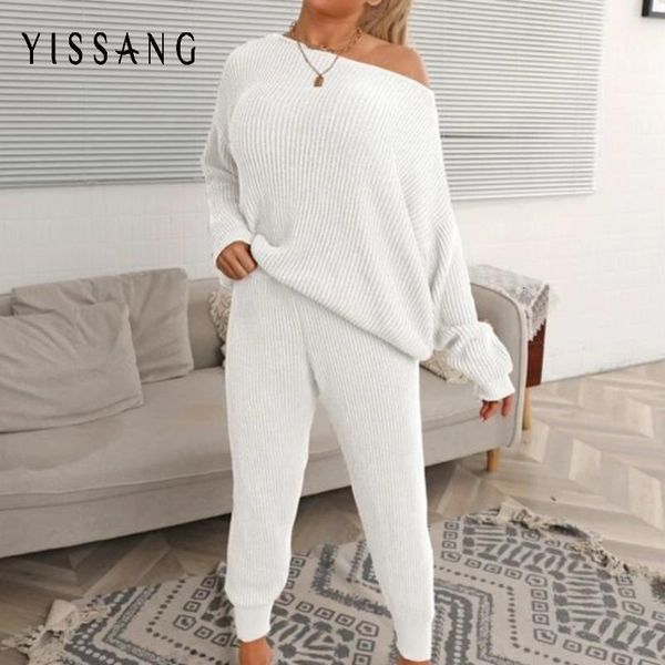 

women's two piece pants yissang autumn one shoulder knitted sweater set women loose crop and long drawstring pant suits drop lounge wea, White