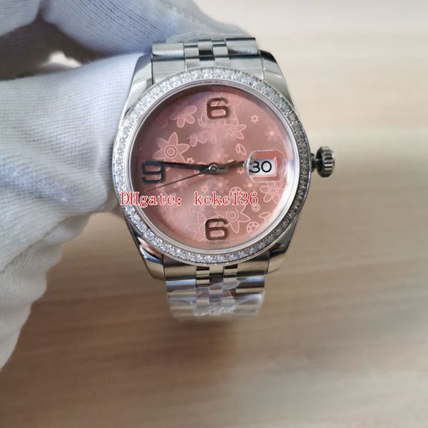 

fashion bp ladies women wristwatches watch 116200 36mm pink flower dial stainless steel blue luminescent sapphire glass jubilee women's, Slivery;brown