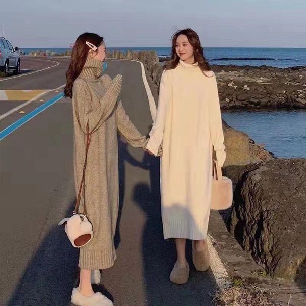 

casual dresses 2021 autumn winter o-neck knitted dress lady loose warm long sleeve sweater vestidos female vintage n105, Black;gray