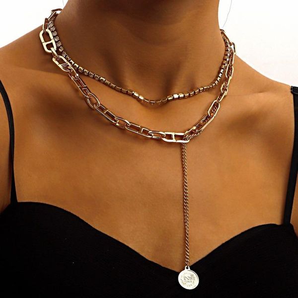 

chains layered necklace women rhinestone necklaces woman shiny portrait pendant clavicle chain kpop metal simple collares, Silver