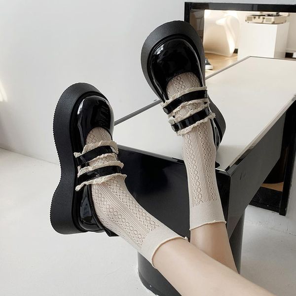 

dress shoes vintage school lolita style cross straps bandage elastic thick-soled soft leather shoe girls mary jane platform pumps, Black